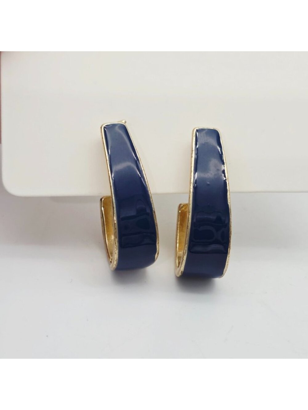 Gold & Navy Enamel Hoop Earrings With Push-Back Closures 1"